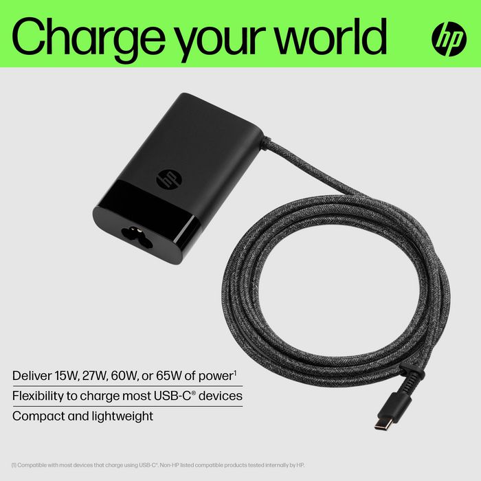 HP Chargeur secteur USB-C 65 W pour ordinateur portable, tablette et téléphone - Compact et universel avec câble