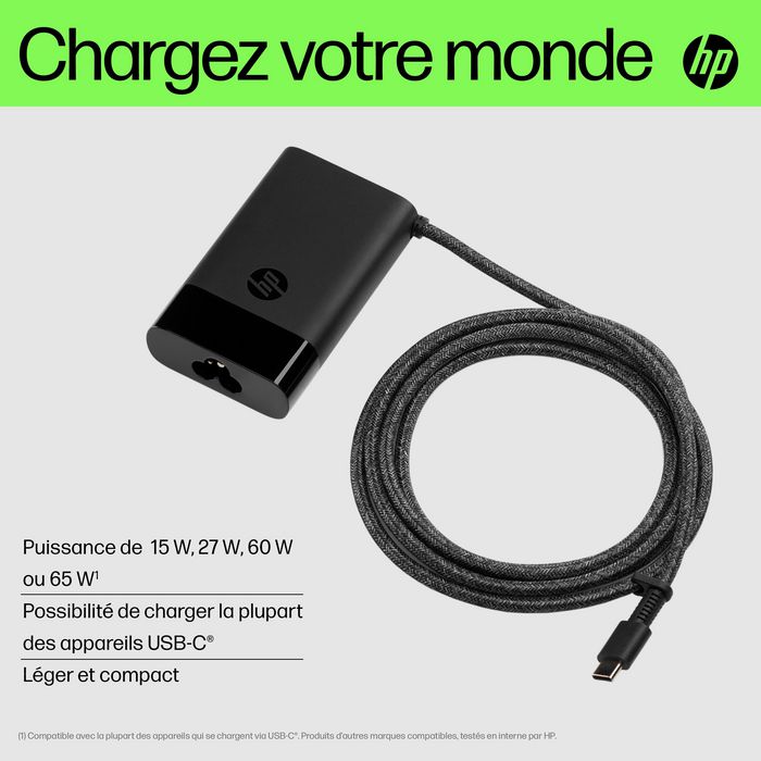 HP Chargeur secteur USB-C 65 W pour ordinateur portable, tablette et téléphone - Compact et universel avec câble