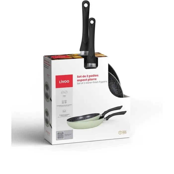 Livoo MEN124VE - Set de 2 poêles aspect pierre, revêtement antiadhésif, diamètres 24 cm et 28 cm, manche silicone, compatible tous feux dont induction