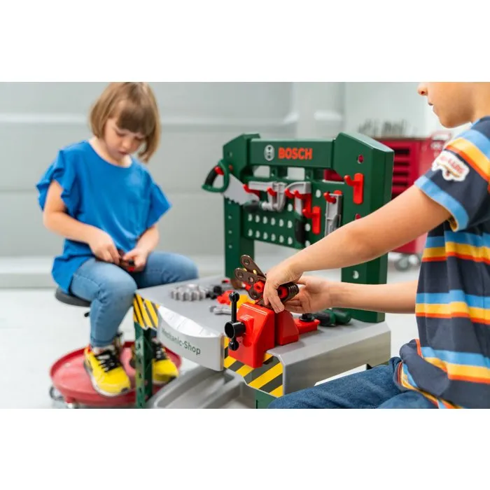 Etabli de Mécanicien Bosch Mechanic Shop avec Plan de Travail, Etau et 77 Accessoires (Scie, Marteau, Tournevis, Clés) - Réf. 8574