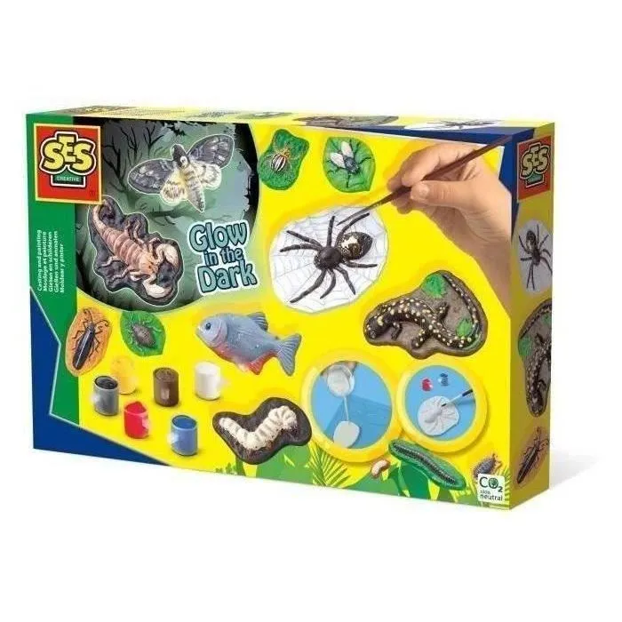 SES Creative - Kit Créatif Moulage et Peinture Animaux Effrayants, 5+ Ans, 5 Couleurs, Peinture Fluorescente et Paillettes, Activité Enfant