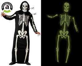 Otros XXL - Déguisement homme adulte squelette phosphorescent avec capuche - Effet glow-in-the-dark - Tunique intégrale - Halloween, fête déguisée, noir