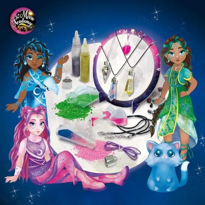Lisciani Giochi Kit Créatif Cristaux Magiques de The Moon Academy - Pendentifs à Créer avec Paillettes, Sable et Pierres - À Partir de 7 Ans - Fabriqué en Italie