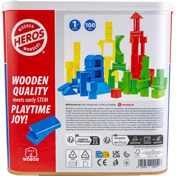 HEROS - Blocs de construction en bois certifiés FSC - 100 pièces - Pour enfants dès 1 an - Fabriqué en Allemagne