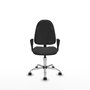 Chaise de bureau Algarra avec mécanisme de contact permanent de base, revêtue de similicuir gris foncé. Équipée d'un piètement chromé, d'accoudoirs fixes et de roulettes à freinage automatique