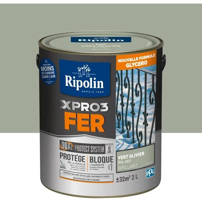 Ripolin 6021 Peinture Glycéro XPRO3 FER Vert Olivier Brillant 2 L - Haute Protection Anticorrosion - Peinture pour métal et fer