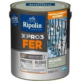 Ripolin 6021 Peinture Glycéro XPRO3 FER Vert Olivier Brillant 2 L - Haute Protection Anticorrosion - Peinture pour métal et fer