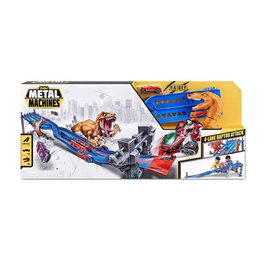 Zuru - Piste de course Metal Machine Dinosaurio avec piège élimination et voiture - Circuit de 4 voies avec attaque raptor - 70x11x30cm - Jouet pour enfants dès 4 ans