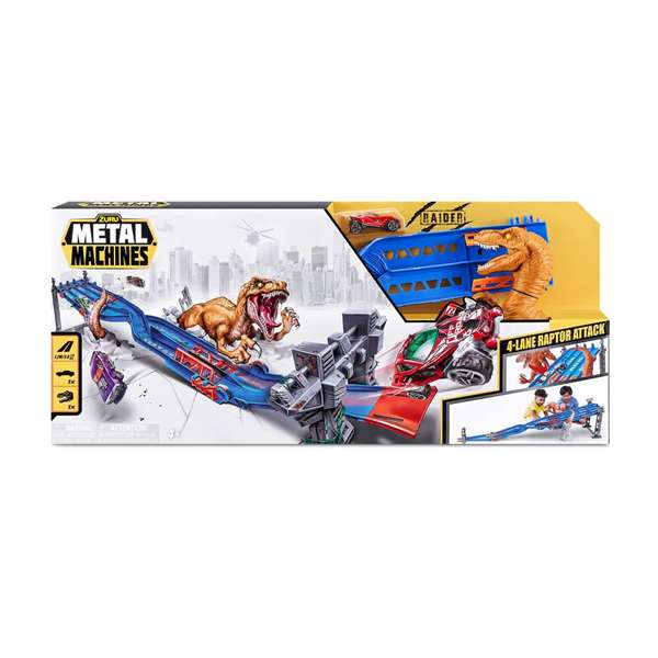 Zuru - Piste de course Metal Machine Dinosaurio avec piège élimination et voiture - Circuit de 4 voies avec attaque raptor - 70x11x30cm - Jouet pour enfants dès 4 ans Zuru - Piste de course Metal Machine Dinosaurio avec piège élimination et voiture - Circuit de 4 voies avec attaque raptor - 70x11x30cm - Jouet pour enfants dès 4 ans