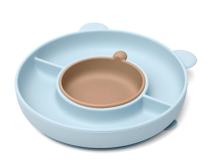 KioKids Assiette en Silicome Bleue Ventouse 3 Compartiments en Forme d'Ours pour Bébé, Baby Led Weaning (BLW), Lavable au Lave-vaisselle