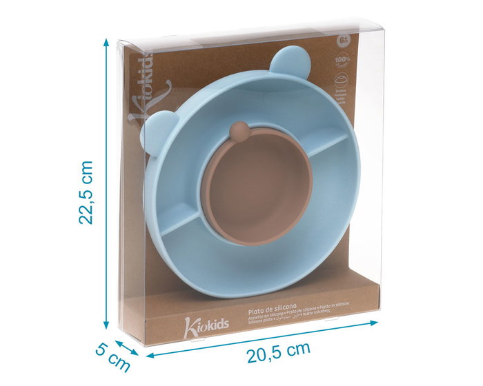 KioKids Assiette en Silicome Bleue Ventouse 3 Compartiments en Forme d'Ours pour Bébé, Baby Led Weaning (BLW), Lavable au Lave-vaisselle