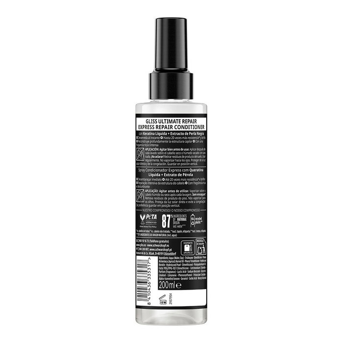 Schwarzkopf Gliss Ultimate Repair Après-Shampooing Spray 200 ml - Réparation Intense Kératine Liquide, Démêlage Facile, Cheveux Forts et Éclatants