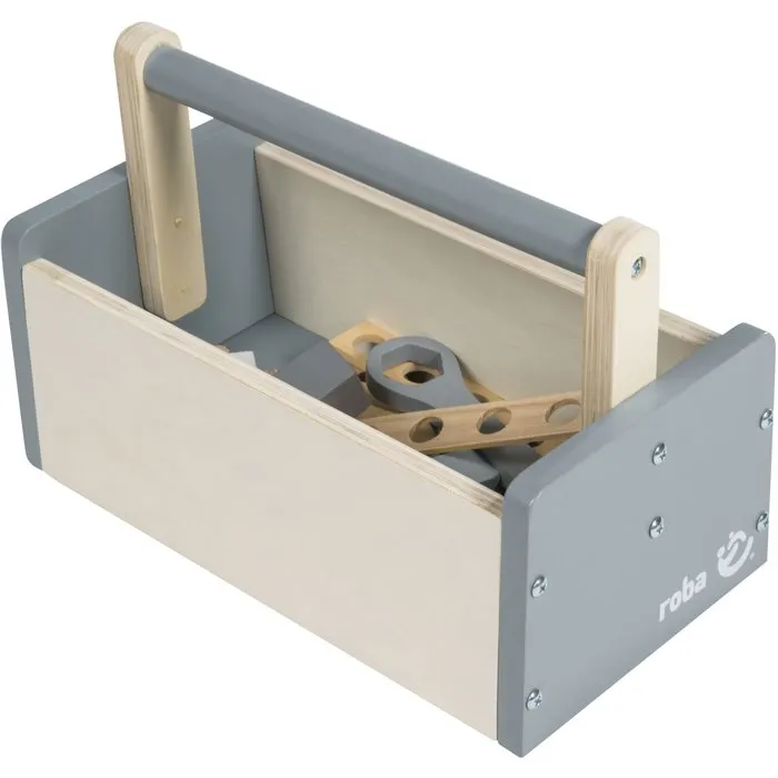 Roba - Boîte à outils enfant en bois 22 pièces - Marteau, clé, tournevis, écrous et vis - Naturel, gris et blanc - Certifié EN 71