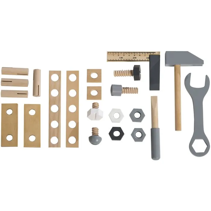 Roba - Boîte à outils enfant en bois 22 pièces - Marteau, clé, tournevis, écrous et vis - Naturel, gris et blanc - Certifié EN 71