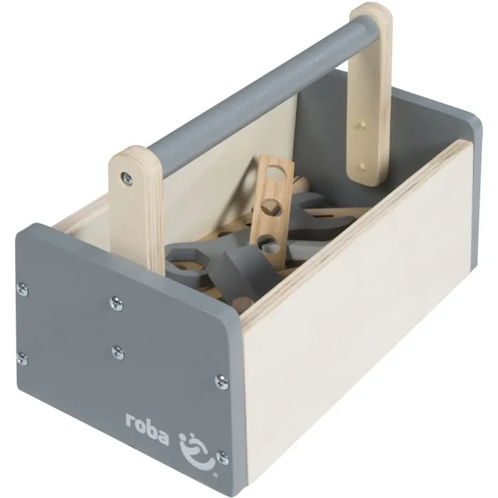 Roba - Boîte à outils enfant en bois 22 pièces - Marteau, clé, tournevis, écrous et vis - Naturel, gris et blanc - Certifié EN 71