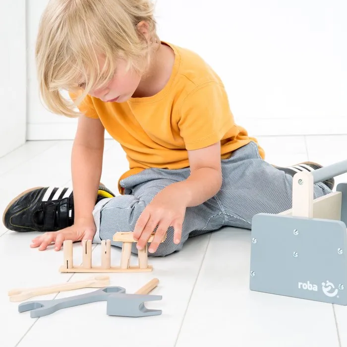 Roba - Boîte à outils enfant en bois 22 pièces - Marteau, clé, tournevis, écrous et vis - Naturel, gris et blanc - Certifié EN 71