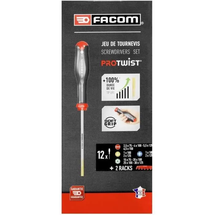 Facom AT.J12R1PB - Jeu de 12 tournevis professionnels PROTWIST avec 2 racks de rangement - Inclus plat, Phillips, Pozidriv et modèles isolés 1000V