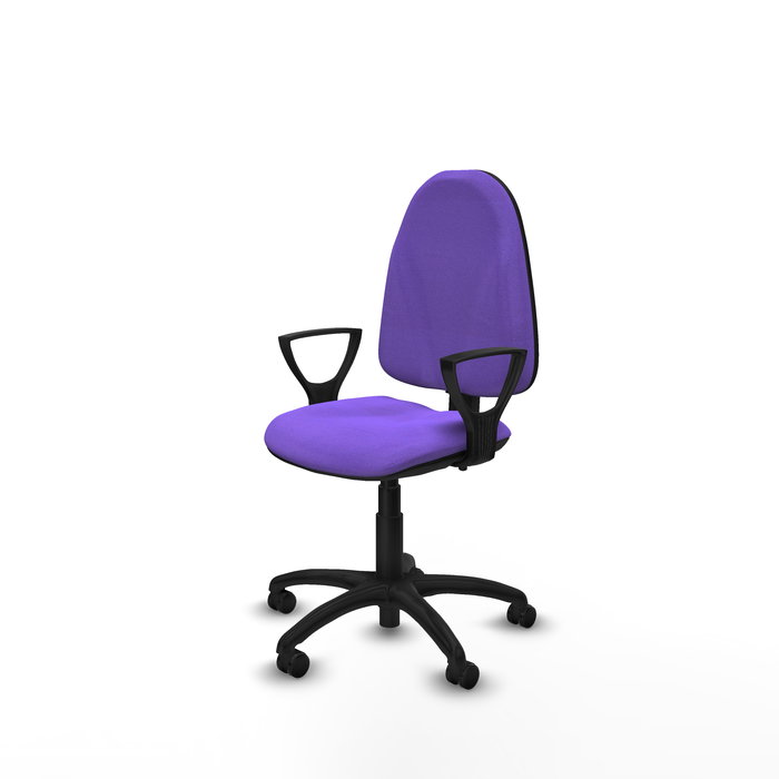 Chaise de bureau Algarra avec mécanisme Contact permanent à double poignée, revêtue de tissu couleur lilas. Équipée d'une base en polyamide noir, d'accoudoirs fixes et de roulettes autobloquantes
