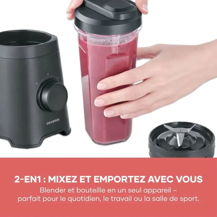 Severin SM3753 Mix & Go Blender Mixeur 320 W 2 gourdes 600 ml 2 vitesses 4 lames aiguisées Noir