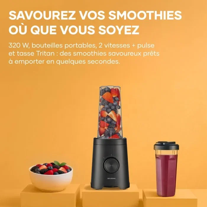 Severin SM3753 Mix & Go Blender Mixeur 320 W 2 gourdes 600 ml 2 vitesses 4 lames aiguisées Noir