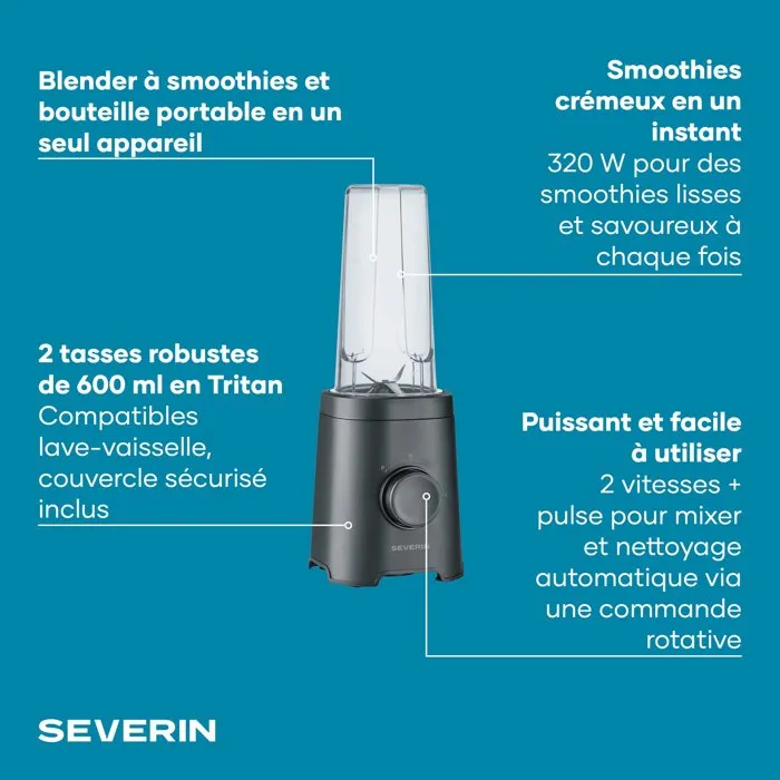 Severin SM3753 Mix & Go Blender Mixeur 320 W 2 gourdes 600 ml 2 vitesses 4 lames aiguisées Noir