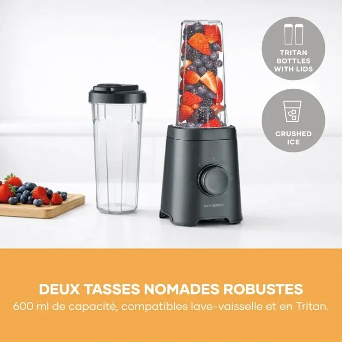 Severin SM3753 Mix & Go Blender Mixeur 320 W 2 gourdes 600 ml 2 vitesses 4 lames aiguisées Noir