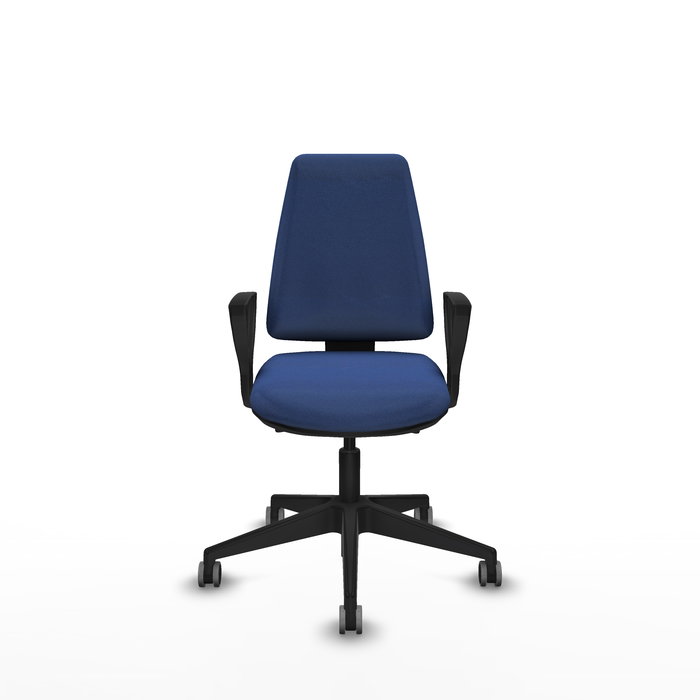 Chaise Elche Asynchrone Tissu Bleu foncé Base pyramidale noire Accoudoirs fixes Sans appui-tête Roulettes 65mm pour moquette