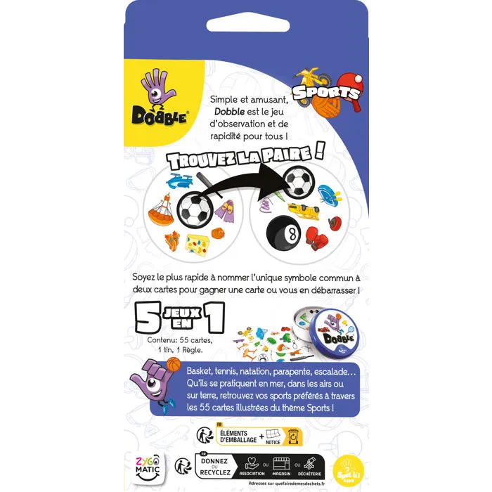 Asmodee Zygomatic Jeu Dobble Sports - Jeu d'observation et de réflexes en français - À partir de 6 ans - 2 à 8 joueurs - Boîte métal - Cartes symboles sportifs (tennis, basket)