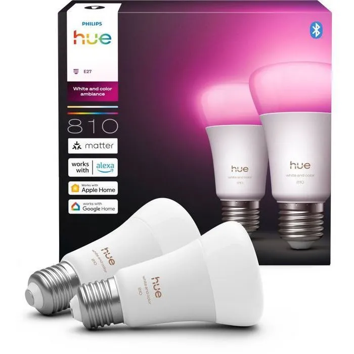 Philips Hue Ampoule LED Connectée A60 - 2 Ampoules - Culot E27 6W - Lumière Blanche & Couleurs, 810 Lm - Compatible Application