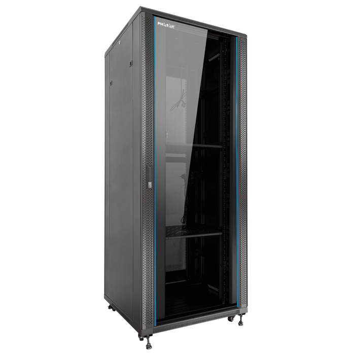 Phasak PRO 32U 600x600 mm Armoire Rack de Sol 19 Pouces Acier Noir avec Ventilateurs et Bandeaux Phasak PRO 32U 600x600 mm Armoire Rack de Sol 19 Pouces Acier Noir avec Ventilateurs et Bandeaux