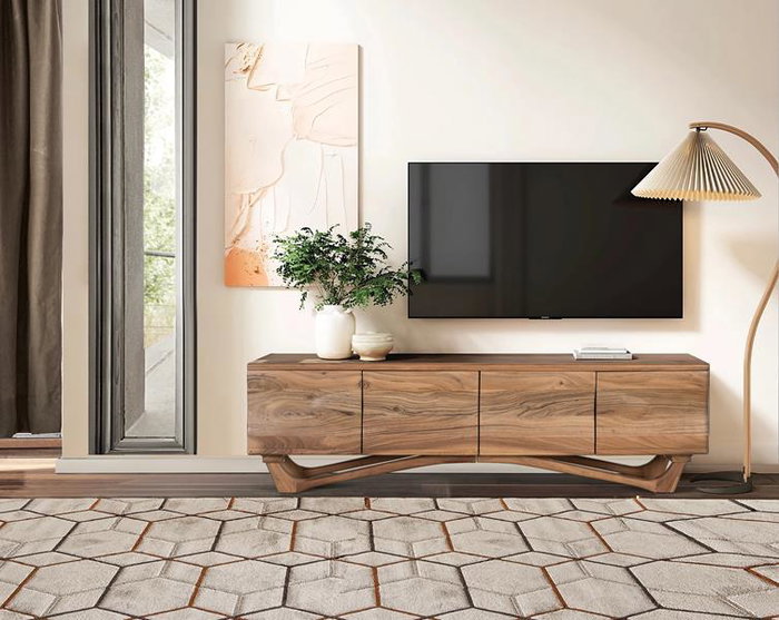 GINER Y COLOMER - Meuble TV en acacia massif fabriqué à la main - 170 cm de large - 4 portes - Coloris naturel - Design authentique et fonctionnel