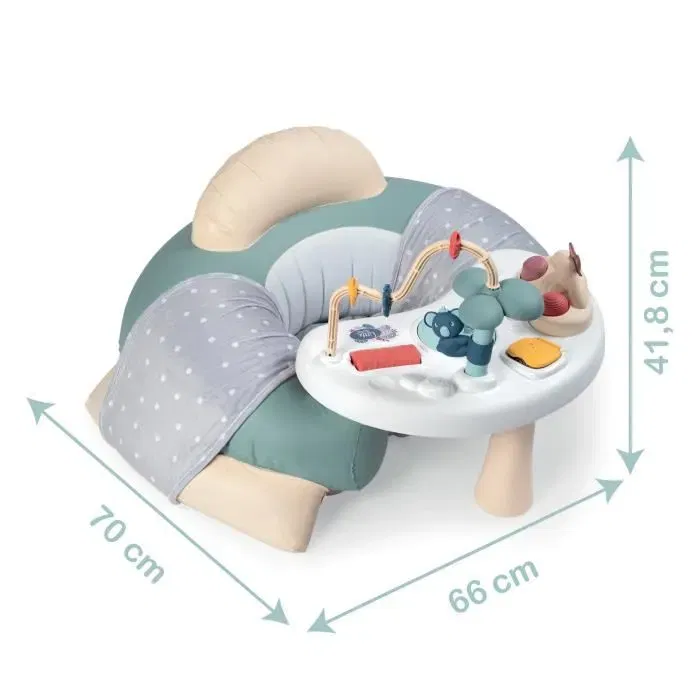 Smoby Cosy Seat Little - Siège bébé gonflable avec tablette d'éveil amovible et housse en tissu - Pour bébés dès 6 mois - Vert - Fabrication française