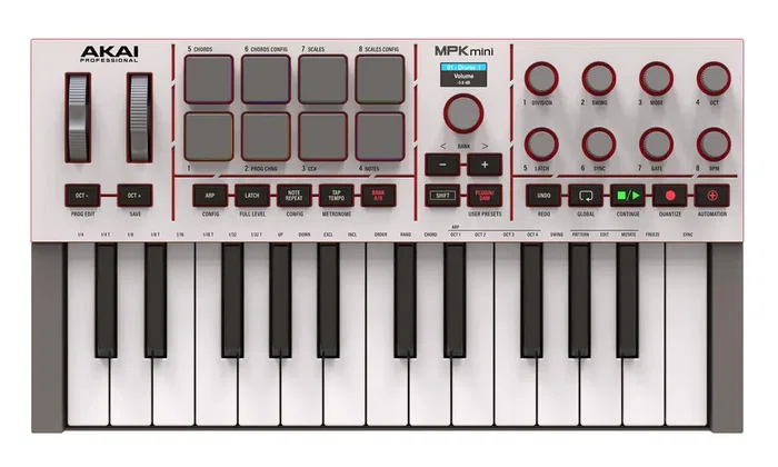 AKAIPRO MPK Mini MKIV - Blanc/Gris - Contrôleur MIDI USB-C 25 touches avec pads MPC RGB et arpégiateur