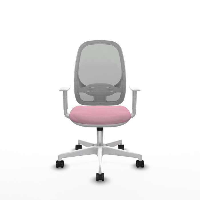 Chaise Cilanco Synchro 3 positions tissu Rose Maille Gris Structure polyamide blanc Accoudoirs blancs Sans appui-tête Roulettes 65mm nylon