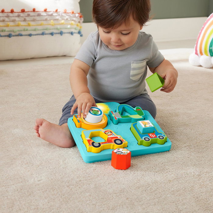 Fisher-Price Puzzle et Tri de Formes 2 en 1 Véhicules HRP31, avec 40 Chansons, Sons et Lumières, Jouet Éducatif (Anglais, Français, Allemand, Italien, Portugais, Espagnol)