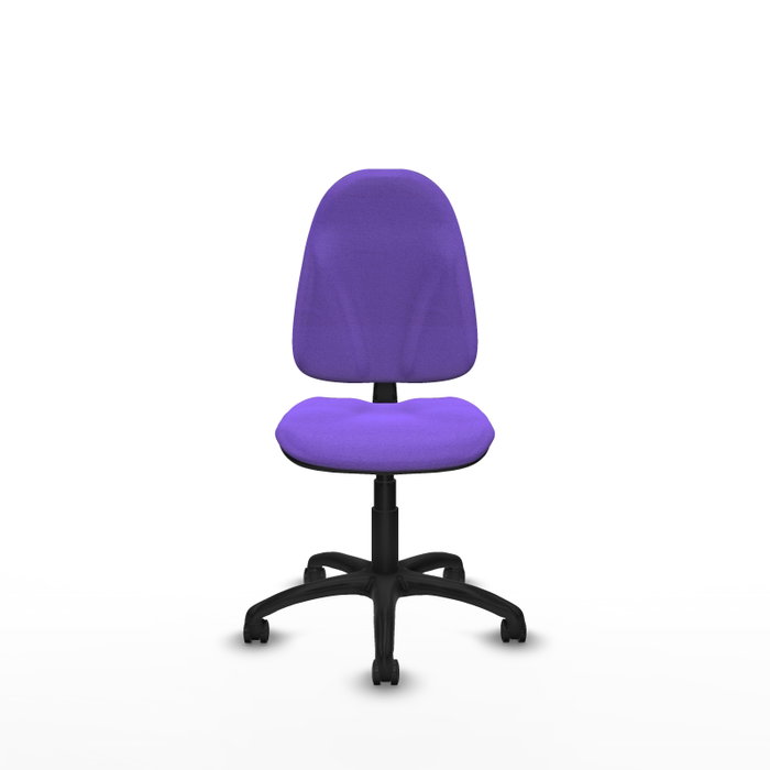 Chaise de bureau Algarra avec mécanisme de contact permanent de base, rembourrée de tissu couleur lilas. Équipée d'une base en polyamide noir, sans accoudoirs et de roulettes pour parquet