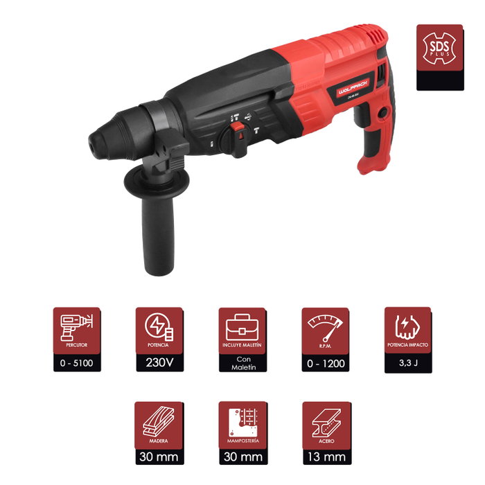 WOLFPACK LINEA PROFESIONAL Marteau Perforateur SDS PLUS 900W avec Accessoires et Mallette