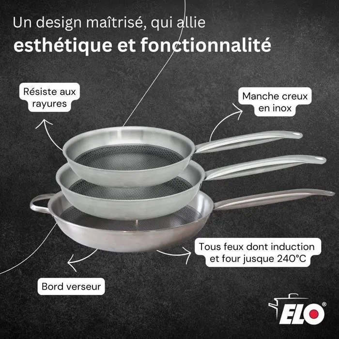 Elo Set de 3 Poêles à Induction ELODUR Select Inox 18/10 Aluminium Antiadhésif sans PFAS - 24 cm, 28 cm, 32 cm - Compatibles Tous Feux et Four jusqu'à 240°C