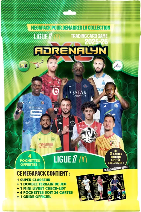 Panini TCG ADRENALYN XL Ligue 1 McDonald's 2025/26 - Pack de démarrage avec album + 4 pochettes - 24 cartes de football français