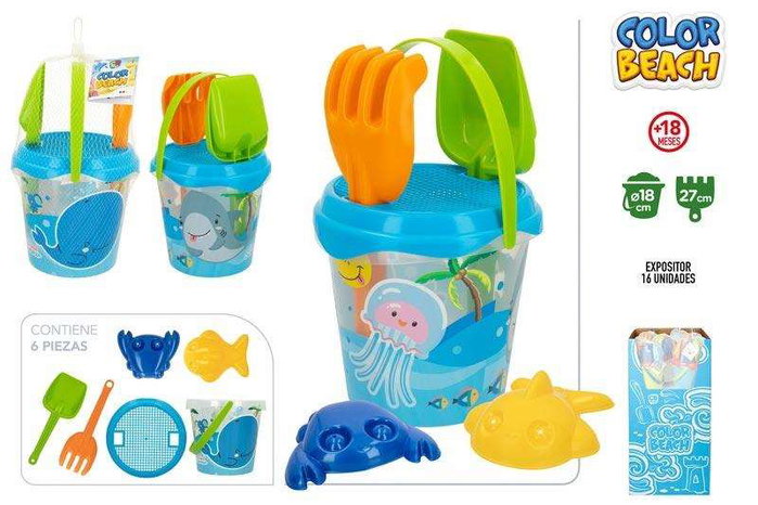 Color Baby - Cubo Playa Animal Summer 18 cm - Seau de plage avec pelle, râteau et 2 moules en plastique - Jouet pour enfants à partir de 18 mois