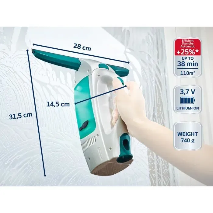 Leifheit 51003 Nettoyeur lave-vitres Dry & Clean, avec manche et réservoir, aspiration 360 degrés, autonomie 35 min, rechargeable, pour fenêtres et vérandas