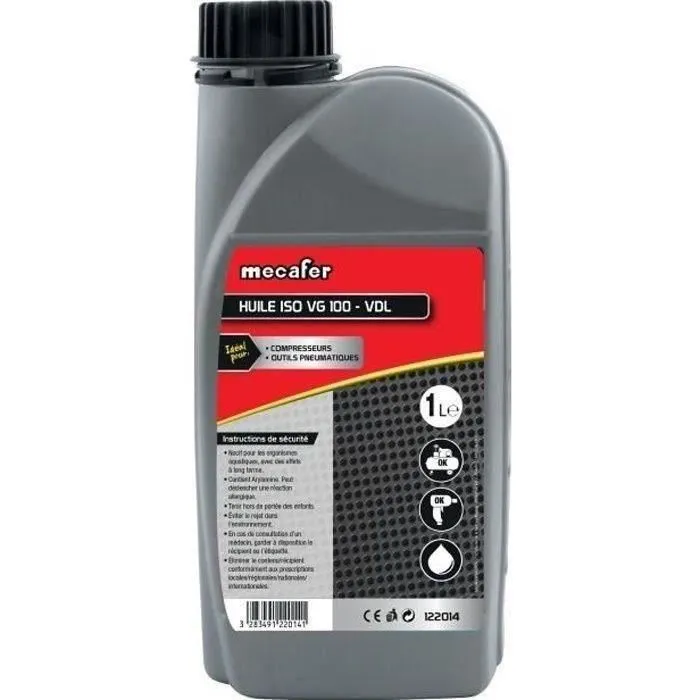 MECAFER - Huile minérale ISO VG100 pour compresseur et outils pneumatiques - Bidon 1L - Lubrifiant gris MECAFER - Huile minérale ISO VG100 pour compresseur et outils pneumatiques - Bidon 1L - Lubrifiant gris