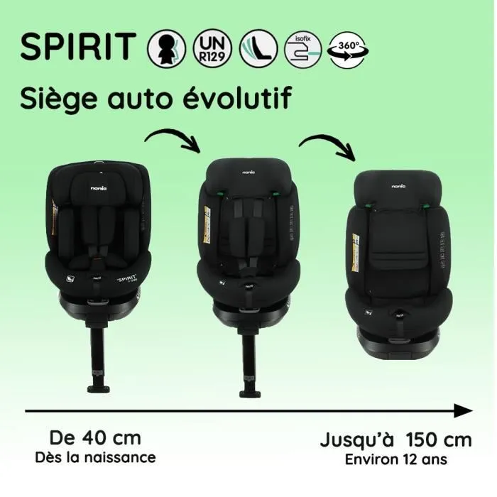 Nania Siège auto SPIRIT R129 i-Size pivotant 360° Groupe 0/1/2/3 avec Isofix et jambe de force - 40-150 cm (de la naissance à environ 12 ans) Nania Siège auto SPIRIT R129 i-Size pivotant 360° Groupe 0/1/2/3 avec Isofix et jambe de force - 40-150 cm (de la naissance à environ 12 ans)