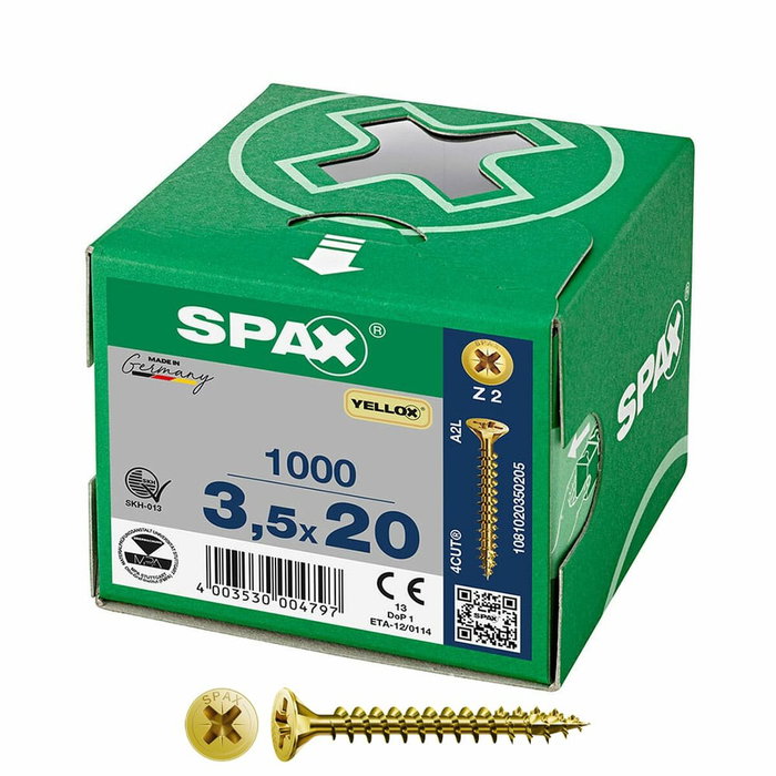 SPAX Vis à bois Yellox Z2 tête plate 3,5 x 20 mm, 1000 unités SPAX Vis à bois Yellox Z2 tête plate 3,5 x 20 mm, 1000 unités