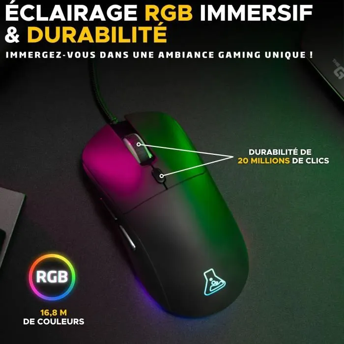 The G-Lab Kult Cobalt - Souris Gamer Filaire Ultra-Légère 12800 DPI, RGB Réglable, Logiciel de Macros, Compatible PC et PlayStation - Noir