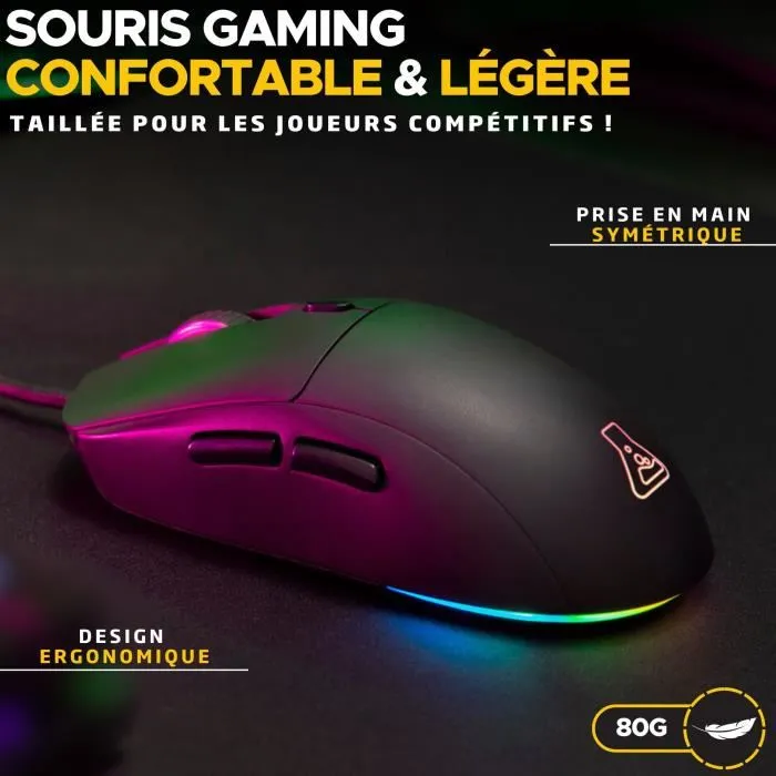 The G-Lab Kult Cobalt - Souris Gamer Filaire Ultra-Légère 12800 DPI, RGB Réglable, Logiciel de Macros, Compatible PC et PlayStation - Noir