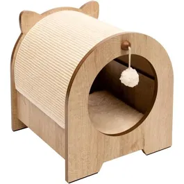 Catit Vesper Minou - Meuble à griffer pour chat avec coussin mémoire de forme, cachette et tapis en sisal remplaçable - Design MDF aspect chêne - 36 x 37 x 40 cm