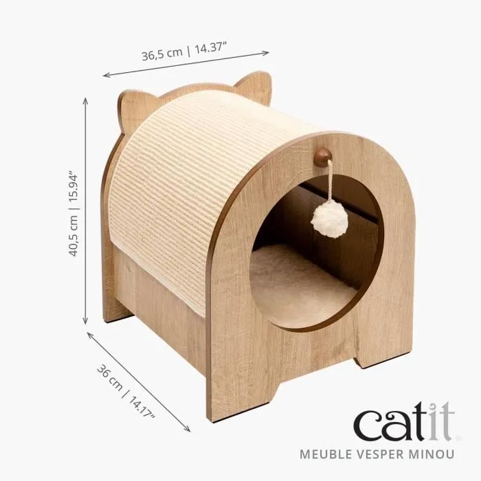 Catit Vesper Minou - Meuble à griffer pour chat avec coussin mémoire de forme, cachette et tapis en sisal remplaçable - Design MDF aspect chêne - 36 x 37 x 40 cm