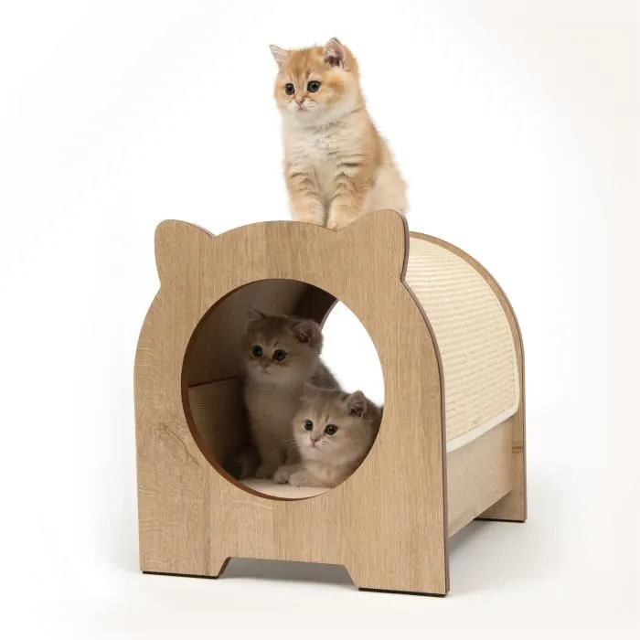 Catit Vesper Minou - Meuble à griffer pour chat avec coussin mémoire de forme, cachette et tapis en sisal remplaçable - Design MDF aspect chêne - 36 x 37 x 40 cm