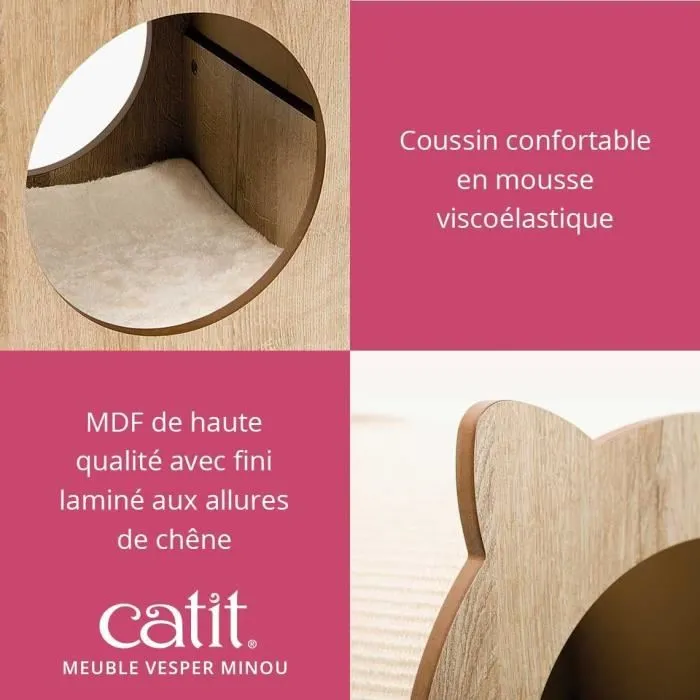 Catit Vesper Minou - Meuble à griffer pour chat avec coussin mémoire de forme, cachette et tapis en sisal remplaçable - Design MDF aspect chêne - 36 x 37 x 40 cm